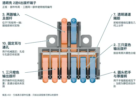 透明壳2进6出拨杆端子